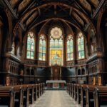 Møgeltønder templom gazdag belső tere díszes üvegablakokkal