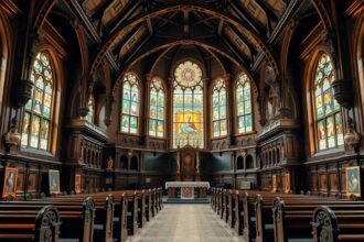 Møgeltønder templom gazdag belső tere díszes üvegablakokkal