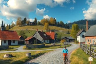 Møgeltønder festői utcái kerékpározó magánszeméllyel