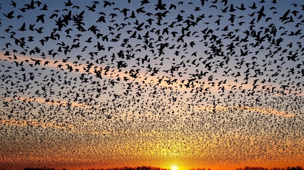 Seregélyek tánca a naplementében Møgeltønderben