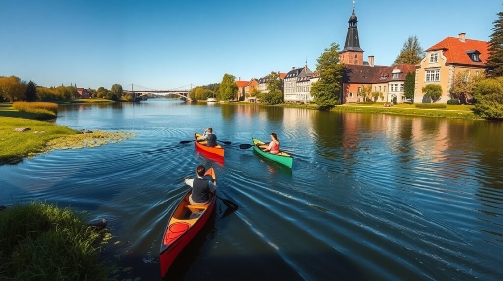 Kenuzás a Vidå folyón Møgeltønderben, gyönyörű táj és épületek.