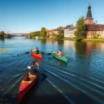 Kenuzás a Vidå folyón Møgeltønderben, gyönyörű táj és épületek.