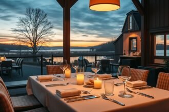 Elegáns étterem a Schackenborg Slotskro fogadóban, gyönyörű naplementével.