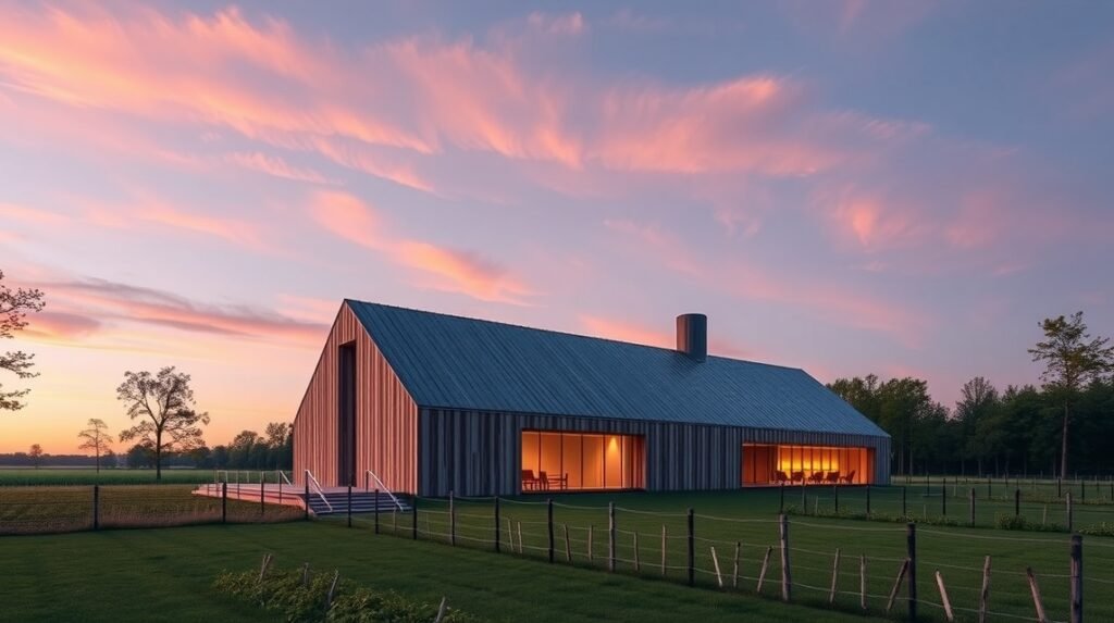 Modern építészet Møgeltønderben, festői tájjal és naplementével.