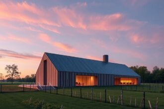 Modern építészet Møgeltønderben, festői tájjal és naplementével.