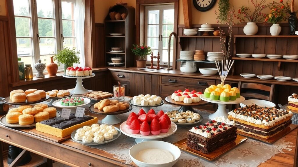 Dél-jütlandi süteményes asztal gazdag ételekkel és édességekkel.