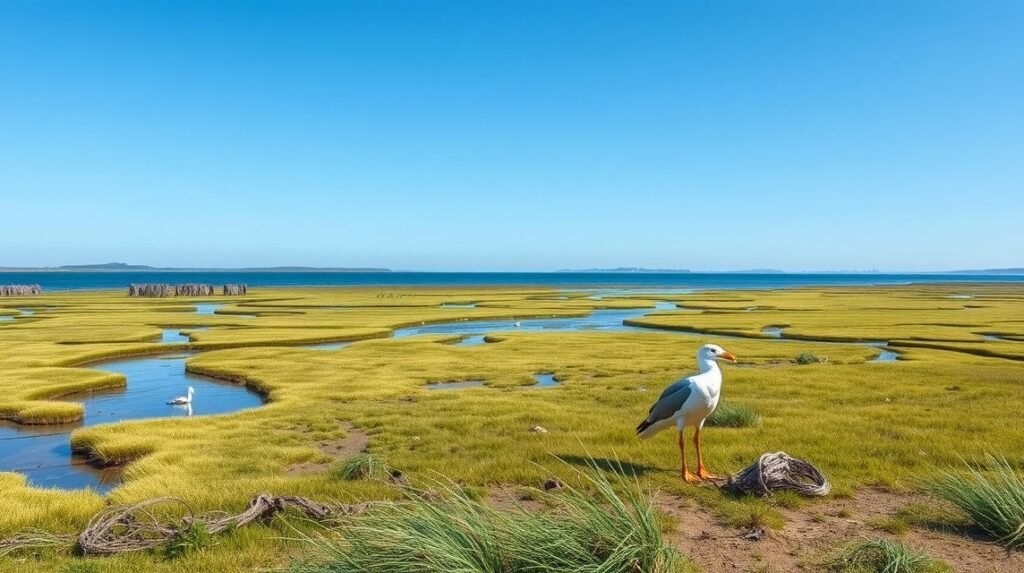 Møgeltønder látképe a Wadden-tenger Nemzeti Parkban madarakkal
