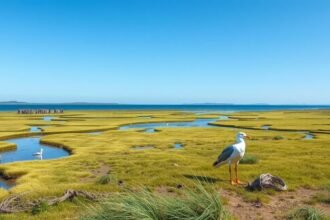 Møgeltønder látképe a Wadden-tenger Nemzeti Parkban madarakkal