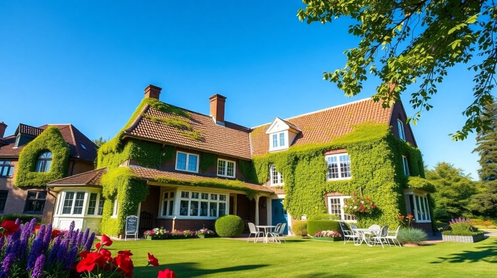 Drachmann háza (Villa Pax) Skagenben, gyönyörű kerttel és zöld növényzettel.