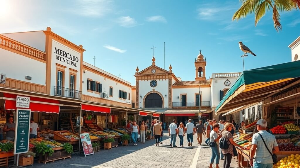 Forgatag a Mercado Municipal piacon Faroban, helyi termékekkel
