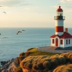 Skageni Szürke Világítótorony madarakkal a tengerparton