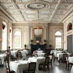 A Brøndums Hotel történelmi ebédlője elegáns kialakítással.