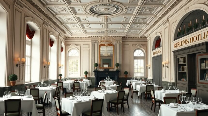 A Brøndums Hotel történelmi ebédlője elegáns kialakítással.