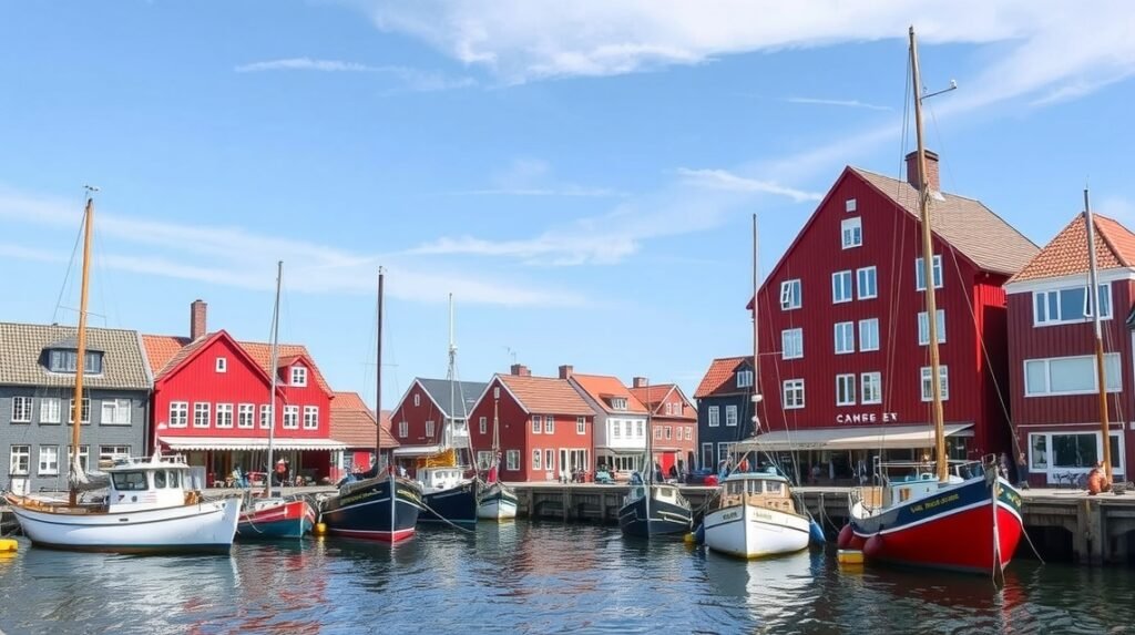 Színes vitorlás hajók a Skagen kikötőben, jellegzetes vörös raktárépületekkel.
