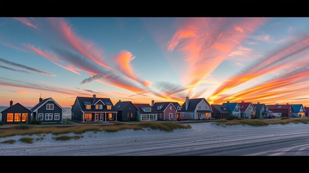 Gammel Skagen luxusnegyedének naplementés tengerparti látképe