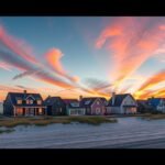 Gammel Skagen luxusnegyedének naplementés tengerparti látképe