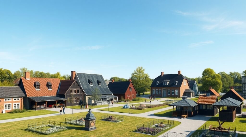 Byfogedgården szabadtéri múzeum Skagenben, régi parasztházakkal