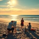 Művészek festenek a Skagen tengerpartján a lenyugvó nap fényében.