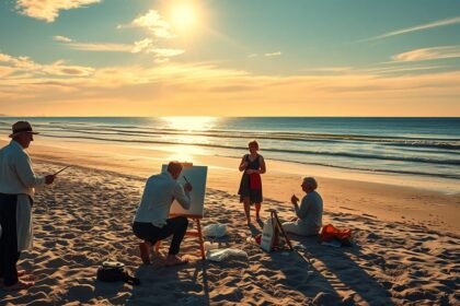 Művészek festenek a Skagen tengerpartján a lenyugvó nap fényében.