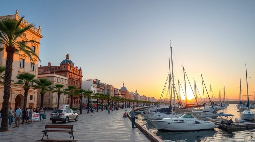 Kikötő és vitorlások naplementében Faro városában