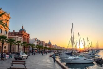 Kikötő és vitorlások naplementében Faro városában