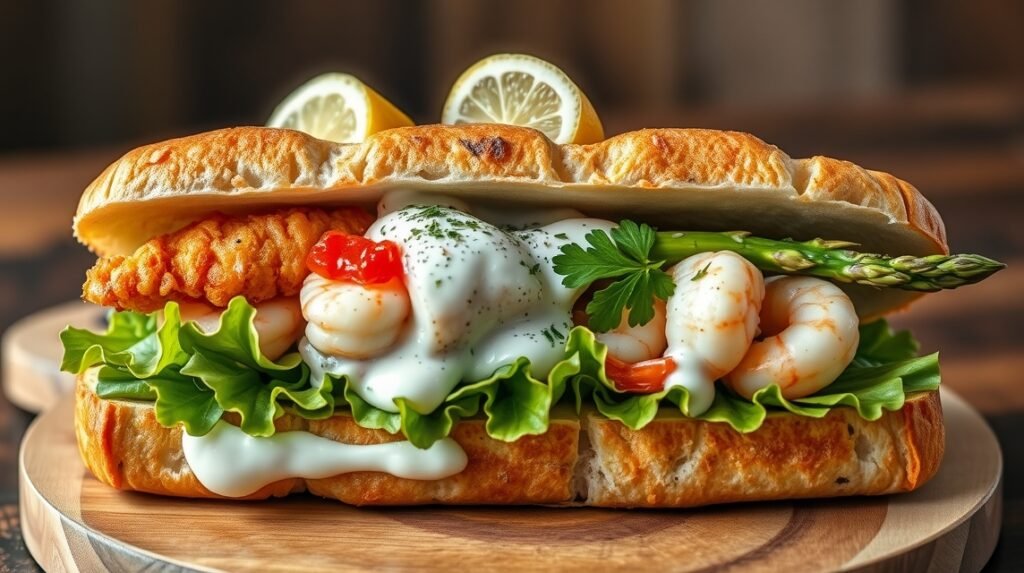 Stjerneskud szendvics friss tenger gyümölcseivel és zöldségekkel