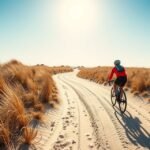 Kerékpáros felfedezés a skageni dűnék között napfényben.
