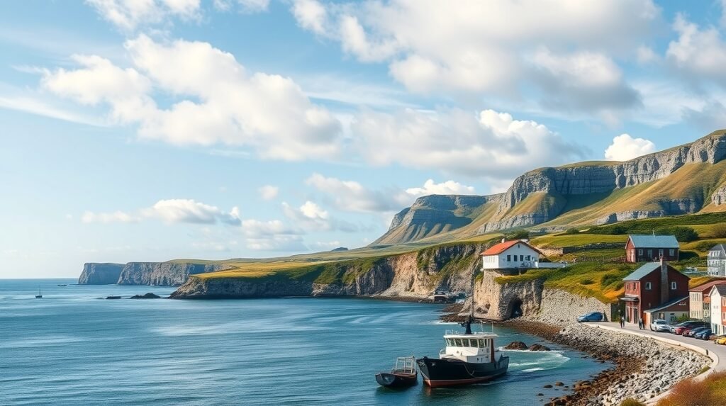 Gyönyörű táj Skagen közelében hajókkal és házakkal