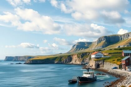 Gyönyörű táj Skagen közelében hajókkal és házakkal