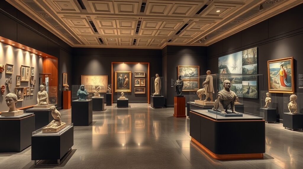 Skive Múzeum belső tere művészeti kiállítással és szobrokkal.