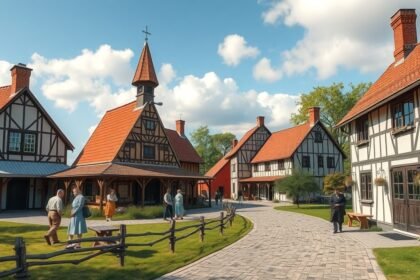 Hjerl Hede skanzen, skandináv stílusú épületekkel és látogatókkal.