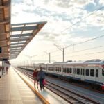 Faro pályaudvar, vonat és utasok az Algarve régióban Portugáliában.