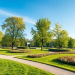 Szép zöld park virágzó kertekkel és fákkal Slagelse-ben