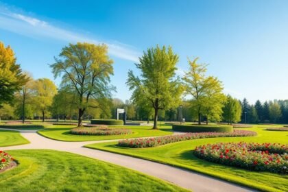 Szép zöld park virágzó kertekkel és fákkal Slagelse-ben
