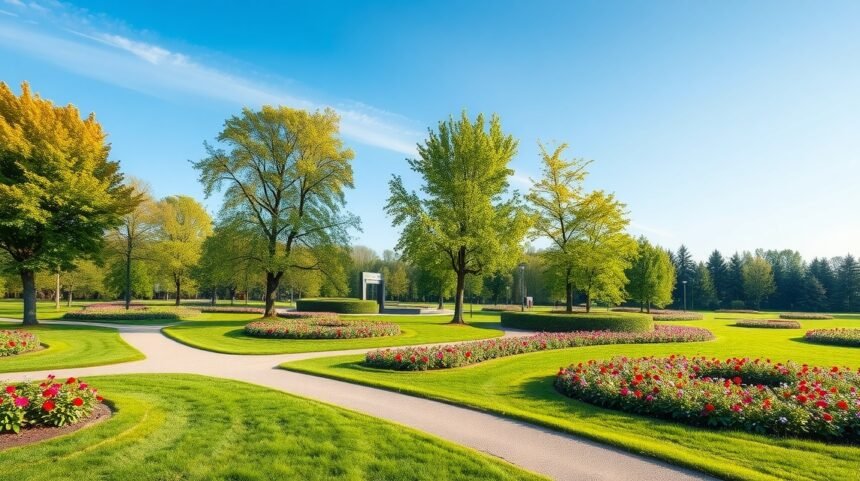 Szép zöld park virágzó kertekkel és fákkal Slagelse-ben
