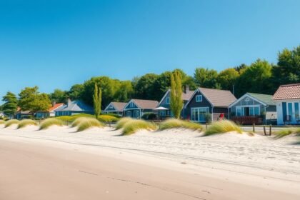 Stillinge Strand nyaralóövezet tengerparti házakkal és zöld fákkal.