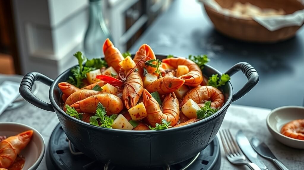 Friss cataplana tenger gyümölcseivel és zöldfűszerekkel