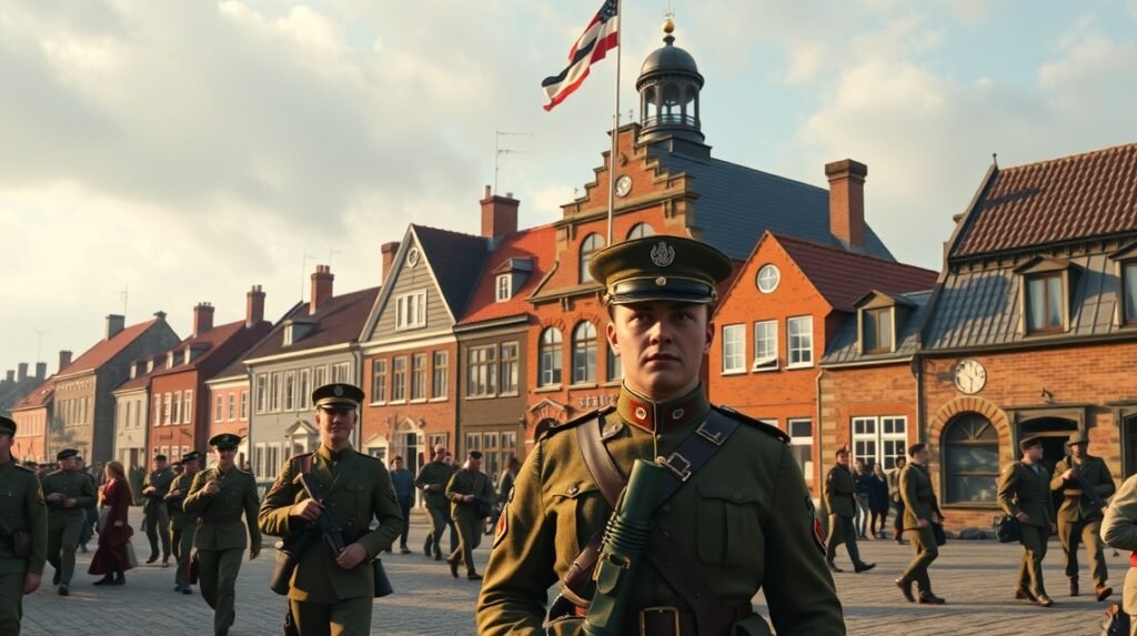 Katonák parádéznak Slagelse város főterén házak előtt