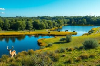 A gyönyörű Tystrup-Bavelse tavak tája dániai Slagelse közelében, szarvasokkal.