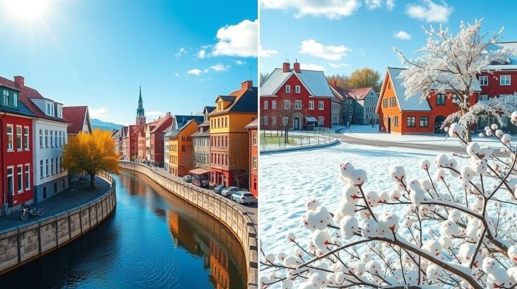 Slagelse város látképe napsütéses és havas időben.