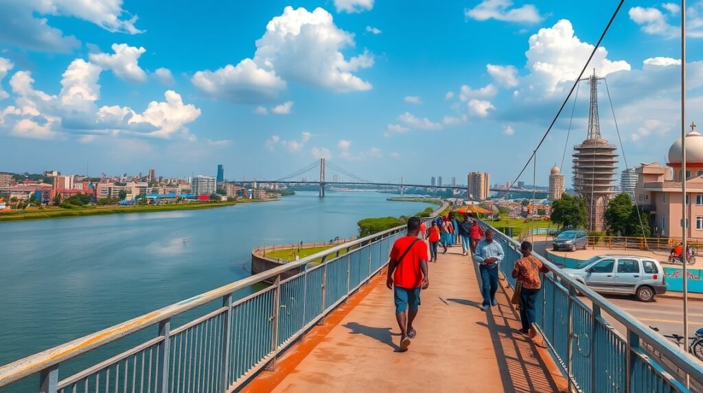 Sétáló emberek a Wouri-hídon Doualában, Kamerun városában