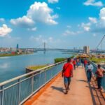 Sétáló emberek a Wouri-hídon Doualában, Kamerun városában