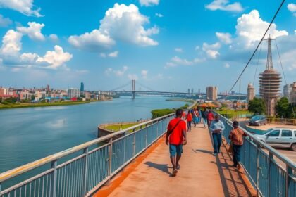 Sétáló emberek a Wouri-hídon Doualában, Kamerun városában