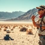 Túrázó vízivás közben a Halál-völgy sivatagában, amerikai tájban.