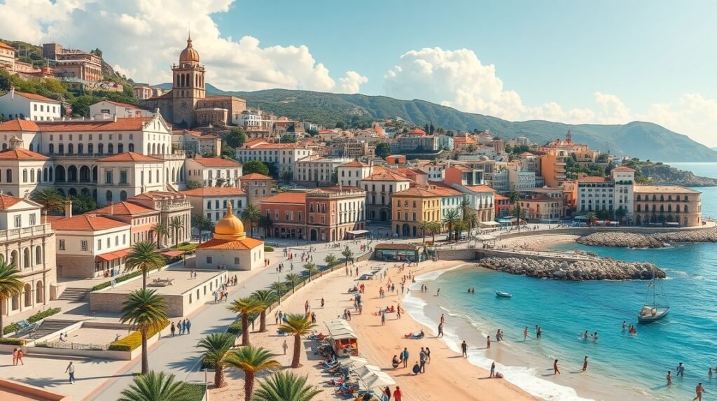 Faro város látképe a tengerparton, napfény, emberek és pálmafák