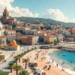 Faro város látképe a tengerparton, napfény, emberek és pálmafák