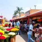 Színes virágok és árusok a Douala Marché des Fleurs virágpiacon.