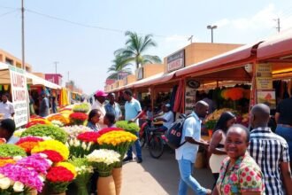 Színes virágok és árusok a Douala Marché des Fleurs virágpiacon.