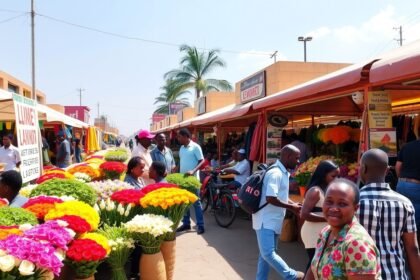 Színes virágok és árusok a Douala Marché des Fleurs virágpiacon.