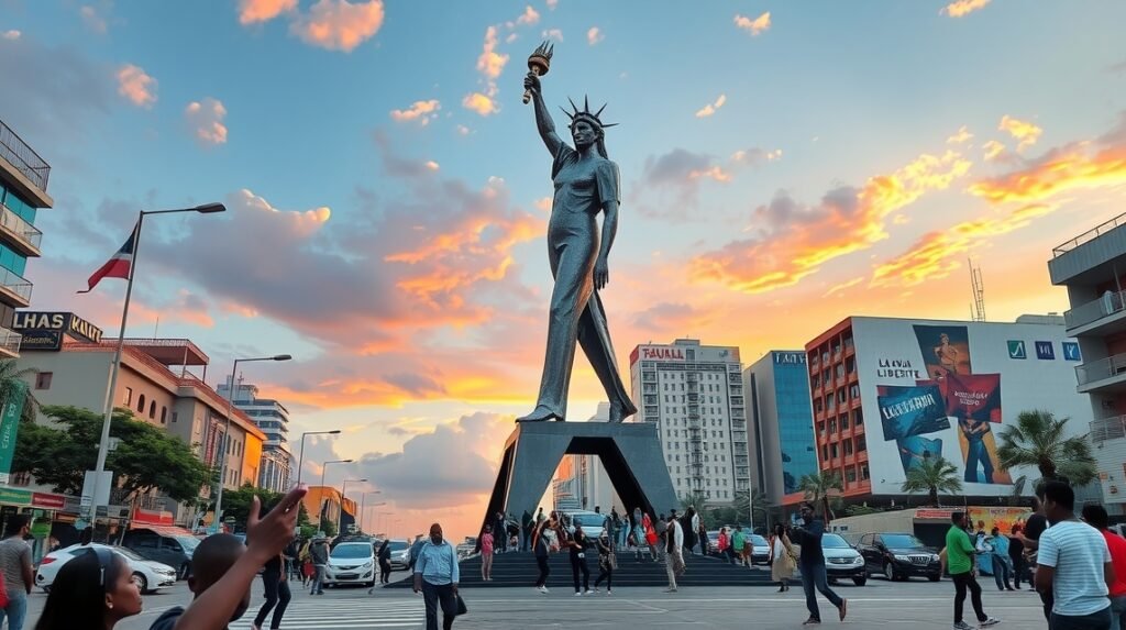 A Szabadság Emlékműve Doualában, háttérben lenyűgöző naplementével.